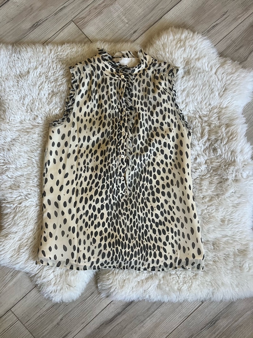 J. Crew Ivory and Black Sleeveless Animal-Print Tie-Neck Blouse